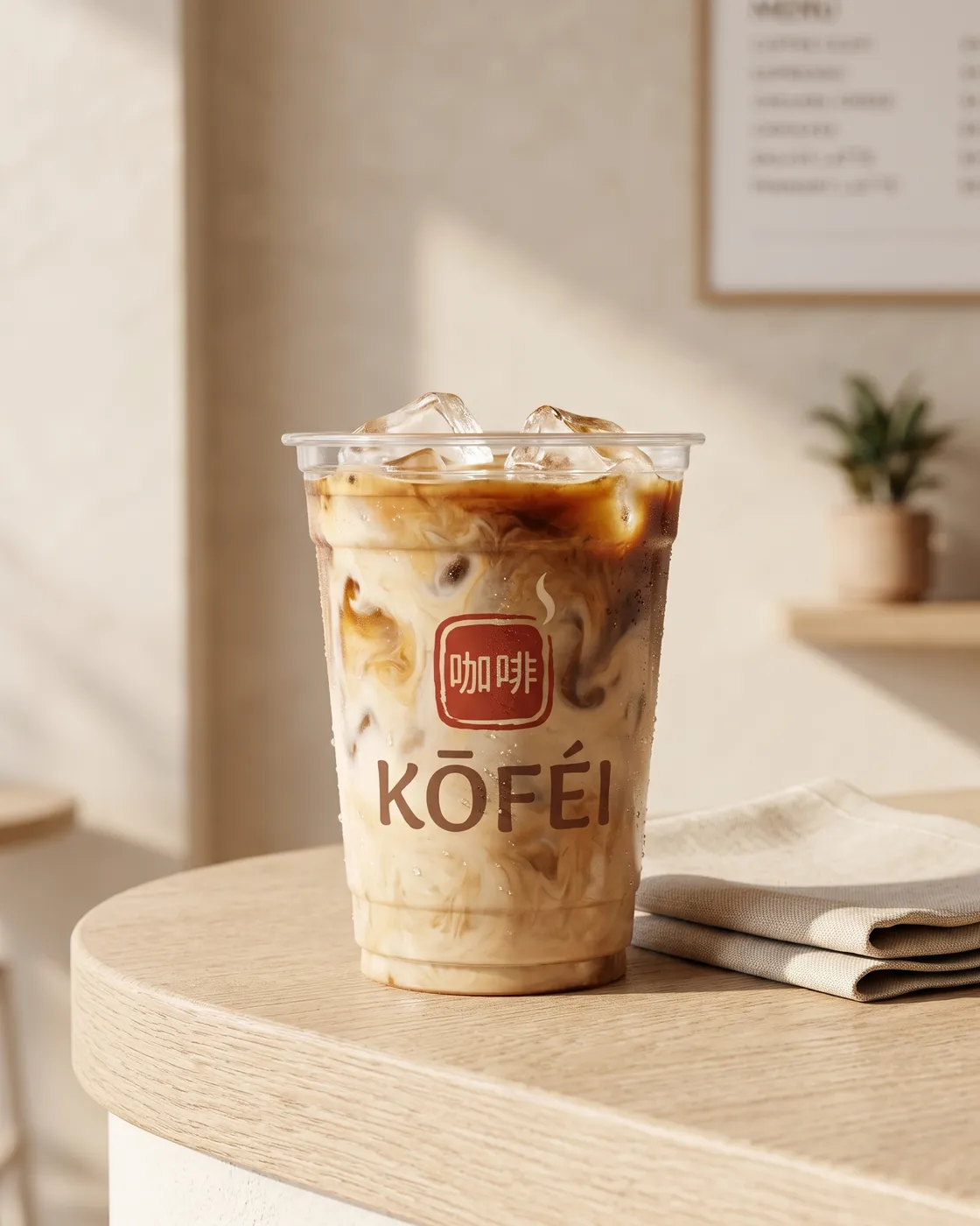An iced latte with milk swirling through the espresso in a KŌFÉI cup on a pale wooden counter