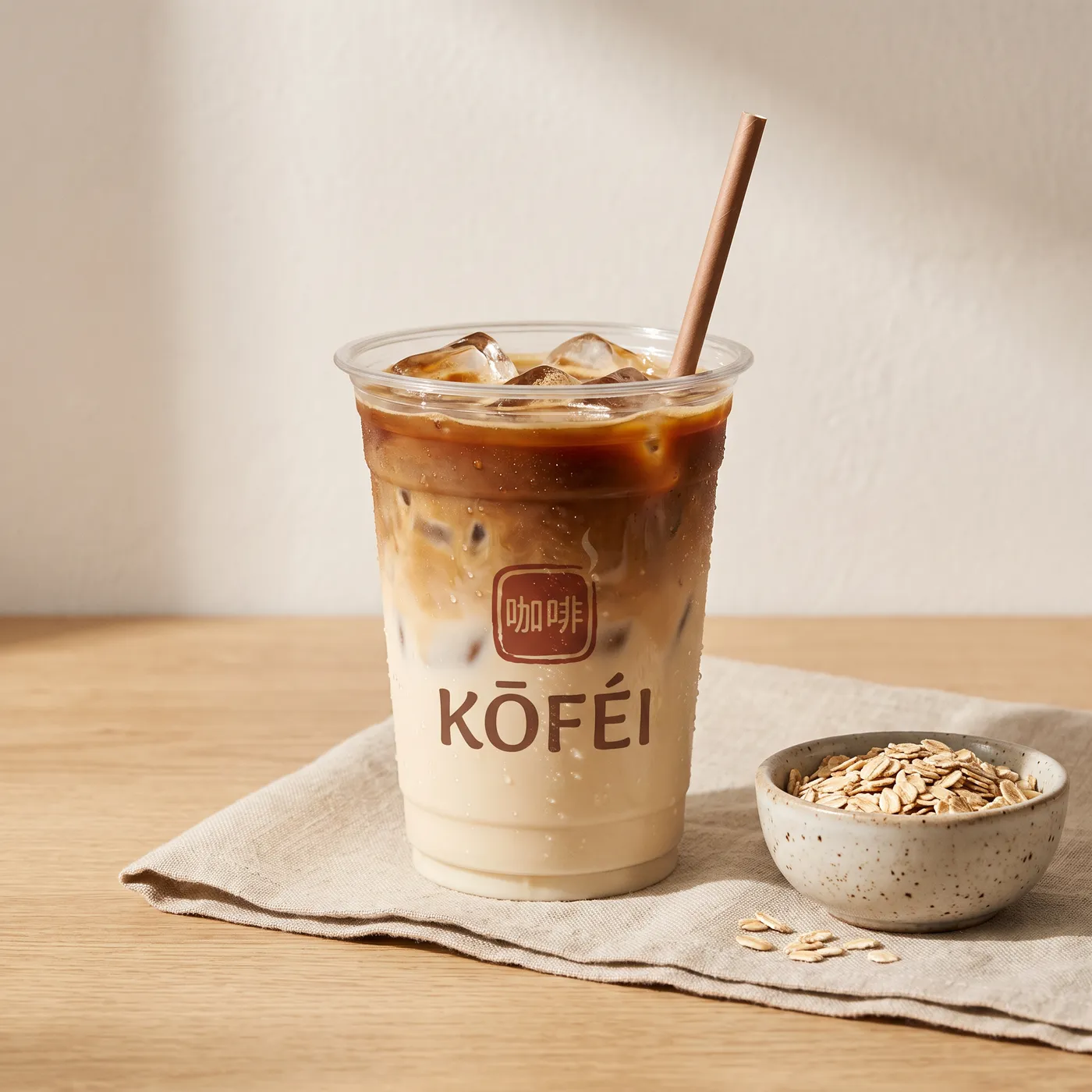 Iced oat latte with a paper straw on a linen napkin next to a bowl of rolled oats