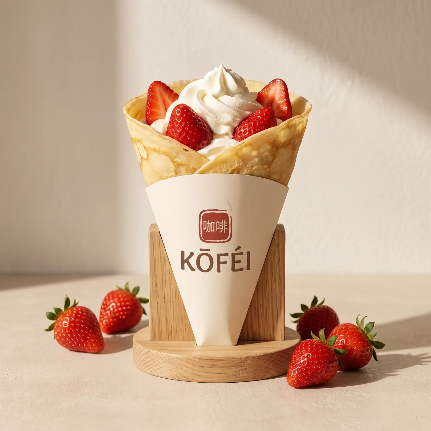 Strawberry Cloud crêpe piled with whipped cream and strawberries in a paper cone on a wooden stand